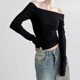 Woherb One Word Shoulder Sexy Off The Shoulder Slim Long-Sleeved T-Shirt Slim Hot Girl Pure Color Short
