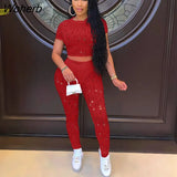 Hole Active Women Set Short Sleeve T-shirt and Shorts Set Sport Tracksuit Two Piece Set Fitness Outfit Ribbed Sweatsuit-Outfit