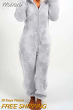 Women Overall Homewear Warm Fleece Hooded High Waist Autumn Winter Solid Color Jumpsuit Pants Jumpsuits Pajama-Outfit