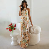 Elegant Half High Collar Floral Print New In Dresses For Women 2023 Vintage Sexy Off Shoulder Backless Lace Up Long Dress-Outfit