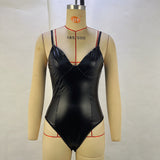 Woherb Autumn / Winter New Sexy Sling Waist Show Thin PU Splicing Women's Jumpsuit Small Vest Female-Outfit