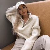 Autumn Zipper V-Neck Long-Sleeved Women's Coat Lamb Woolen