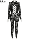 Kliou Midnight Style Jumpsuit Women Sexy Striped Mesh See Through Hollow Out One Pieces Cross Ribbons Sheath Club Female