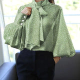 Satin Blouse WomenFashion Tunics Tops 2022 Autumn Elegant Bow Tie Lantern Sleeve Belted Shirt Casual Slik Party