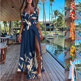 Hot Style Summer Sleeveless V-Neck Print Hem Slit Dress Woman-Outfit