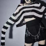 Hole Ripped Short Sweater Female Couple Striped Loose Punk Dark Sweater Versatile Knit-Outfit