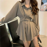 Woherb Suit Female Summer 2024 New Korean Version Long-Sleeved Shirt Dress High Waist Casual Shorts Two Sets-Outfit