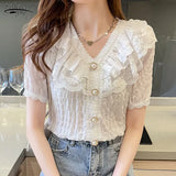 Chic Ruffle Blouse Women Shirt White Chiffon Lace Blouse Sweet V-neck French Vintage Palace Style Short Sleeve Tops