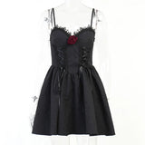 Dark Tie Up Mall Gothic Elegant Women Dresses Grunge Aesthetic Jacquard A-Line Dress Emo Lace Trim Black Party Alt Clothes-Outfit
