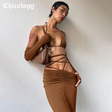 Women Summer 2022 Sexy 2 Pieces Sets Bandage Tie Hollow Out Evening Party Club Fashion Drawstring Slit Side Clothes-Outfit