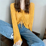 Woherb Out Thin Jacket Summer 2024 New Draw Rope V Collar Short Money Wearing Sunscreen Shirt Sweet Spicy Short Sleeve Knit Women-Outfit