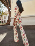 Women Elegant Linen Flower Printed Slit Midi Skirt Suit Chic Puff Sleeves Backless Crop Top Set Summer Lady High Streetwear 2024-Outfit