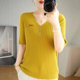Woherb 2024 New Short Knit Women's Fashion Slim Short-Sleeve T-Shirt Thin Medium Sleeve Top-Outfit