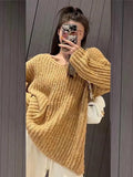 Winter New 2022 V-Neck Knitting Pullover Fashionable Street Style Women's Long Sleeve Oversized Sweater Top Pullover-Outfit