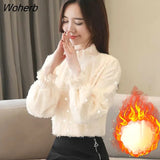 Plus Velvet Thick Bottoming Shirt Women's Autumn Winter New Chiffon Blouse Stand Collar Long Sleeve Flocking Tops-Outfit