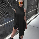 Kliou Knitted Dress Women Sexy See Through X-Long Hoody Tops+One Shoulder Drawstring Ruched Robe Skirt Hipster Future
