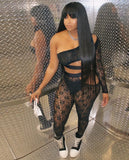 Sexy Black Lace See Through Hollow Out One Shoulder Long Sleeve Crop Top And Pant Two Piece