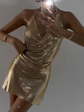 Gold Sequins Diamonds Sexy Night Party Dress Women Sleeveless Halter Backless Mini Dresses Femme Clubwear V-Neck