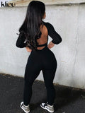 Kliou Backless Stretchy Sporty Rompers Womens Jumpsuit Long Sleeve Skinny Workout Active Wear Solid One Piece Overalls