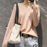 Women Sweaters White Long Sleeve O-neck Basic Pullovers Spring Autumn Solid Korean Sweater Bottoming Shirts V-neck