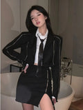 Striped Short Suit Jacket Women Loose Raw Edge Suit 2022 Autumn Suit Black Top Preppy Style Y2k Set Blazer + Skirt 3pc