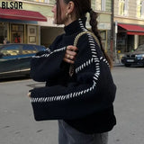 Women's 2025 Sweater Autumn Round Knitted Shirt To Keep Warm And Catch Chic Color Splicing Wiring Sweater