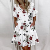 Ruffles Loose V-Neck Dress Women Summer Short Sleeve Floral Print Woman Dress Plus Size 2021 Fashion White Beach