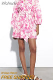 2023 Women Summer Mini Dress Fashion Print V-Neck Single Breasted Belt Bow Pleated Poplin Female Sweet Dresses Clothing-Outfit