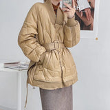 New Luxury Design Women Winter Down Jacket Solid Sashes Coat Female 90 White Duck Puffer Down Parka Sweet Office