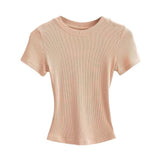 Trend Women's Wear Thread Slim Short-Sleeved T-Shirt Sexy Round Collar Solid Color Shoulder Show Thin Short Navel Blouse-Outfit