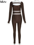 Kliou Sheath Concise Jumpsuit Women Herfst Unique Truncated Mesh See Through One Pieces Slim Simple Casual Female
