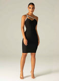 Quality Red Blue Black One Shoulder Sparkly Beading Rayon Bandage Dress Elegant Cocktail Party Dress