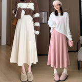 Thick Knitted Skirt For Women In Winter Thick, Medium And Long Style, High Waist, Light Ripe A-Shaped Skirt, Wool Pleated Skirt, Long Skirt.-Outfit