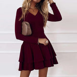 2021 Spring Summer Elegant Solid Color Ruffle Party Dress Women Sexy V-neck Long Sleeve A-Line Dress Ladies Fashion Loose