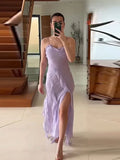Ruffles Suspender Dress For Women Fashion Solid Split Sleeveless Dresses Summer Casual Chic Female Party Club Streetwear-Outfit