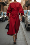 Women's Fashion Temperament Elegant Solid Color Waist Dress Casual Bat Sleeve