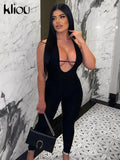 Kliou Baddie Style Jumpsuit Women Charming Sexy Middle Ribbons Cleavage One Pieces Sheath Sleeveless Halter Lace Up Clubwear