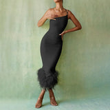 Feather One Shoulder Halter Black Bodycon Sexy Midi Dress Elegant Festival Party Birthday Evening 2022 Women Clothing-Outfit