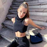 Woherb Summer New Slim Small Vest Vertical Grain High Collar Open Back Tight Top Direct Sales-Outfit