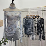 Tie-Dye-Print Single-Layer Mesh Yarn Lint Sun Hoodie Irregular Long-Sleeved T-Shirt Repair On The Body