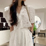 Woherb Chic Niche Temperament V Neck Hollow Lace Embroidered Jacket Women High Waist Pressure Pleated Skirt Two Sets Of Women-Outfit