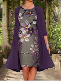 Vintage Autumn Harajuku Fake Two Piece Cardigan Mid Dress Elegant Chic Pattern Print Loose Dress Women Casual O Neck Party