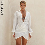 Irregular Chiffon Long Sleeve Dresses For Women Loose Sexy Deep V Neck Mini Dress Bodycon Partywear Femme