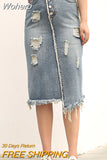 Women Summer Autumn Oversize Mid-length Denim A-line Skirt Casual Vintage Hole Tassel Long Skirt QT1844-Outfit