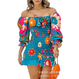 Neck Half Sleeve High Waist Dress Flower Off Shoulder Ruffle Hem Shirred Floral Print Mini Dress-Outfit