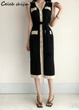 Elegant Knitted Dress for Woman Sleeveless Fall 2022 V-neck Chic Sweater Dress Vestido Female Korean Single-breasted
