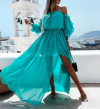 hirigin Women Slash Neck Split Floor Length Ruffle Long Dress Lace Up Casual Beach Solid Color Style Dress Summer Vestidos