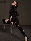 Kliou Patchwork Mesh Two Piece Set Women Hot Punk Mock Neck Stripe Hollow Out Skinny Tops + Streetwear Sporty Female