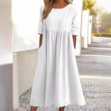 Cotton-Sleeved Short-Sleeved Pocket Folded Loose Round-Neck Dress In Summer