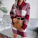 Autumn And Winter Casual Lattice Turtleneck Sweater Dress Knitted Dress Women's